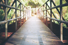 A Long Walking Way On The Bridge With Green Nature Background