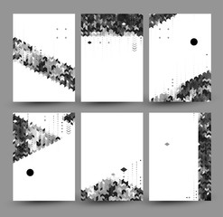 Vector set of six monochromatic backgrounds, created from simple polygons and geometric figures. Advertising posters or banners design with modular grayscale elements.