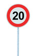 © Brilt - Speed Limit Zone Warning Road Sign, Isolated Prohibitive 20 Km Kilometre Sixty Kilometer Maximum Traffic Limitation Order, Red Circle, Large Detailed Closeup