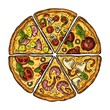 Set slice pizza Pepperoni, Hawaiian, Margherita, Mexican, Seafood, Capricciosa. Vintage vector engraving illustration for poster, menu, box.