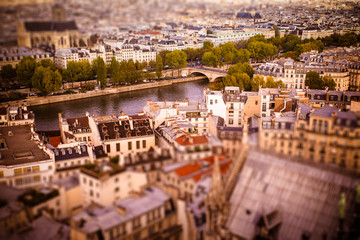 Wall Mural - Tilt-shift miniature view across rooftops in Paris toward River Seine