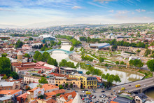 Tbilisi City Panorama. Old City, New Summer Rike Park, River Kura, The European Square And The Bridge Of Peace