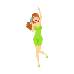 Poster - Sexy Girl With Wine Glass In Tight Green Dress Dancing, Part Of Funny Drunk People Having Fun At The Party Series