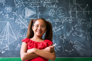 Wall Mural - Portrait Happy Girl Resolving Complex Math Problem On Blackboard