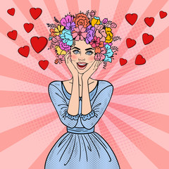 Wall Mural - Pop Art Beautiful Woman in Love with Flowers Hairstyle. Vector illustration