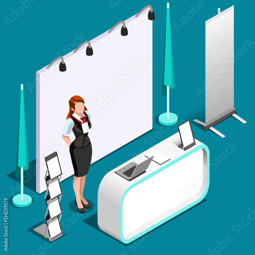 Exhibition booth stand desk woman roll up display panel. 3D Isometric