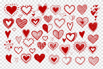 collection of doodle sketch hearts hand drawn with red ink