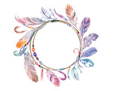 Fototapeta Boho - Watercolor colorful feathers frame. Hand drawn boho wreath for wedding