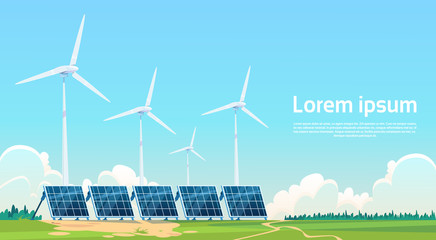wind turbine solar energy panel renewable station flat vector illustration