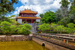 Minh Lau pavilion and Trung Dao bridge at Minh Mang Emperor Tomb in Hue, Vietnam