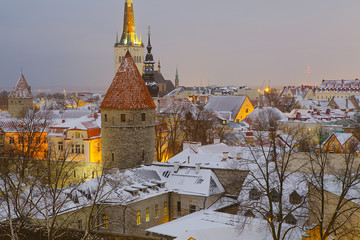 Wall Mural - Wonderful winter night aerial scenery of the Old Town in Tallinn, Estonia