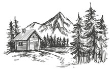 House In Mountain Landscape Hand Drawn Vector Illustration Sketch