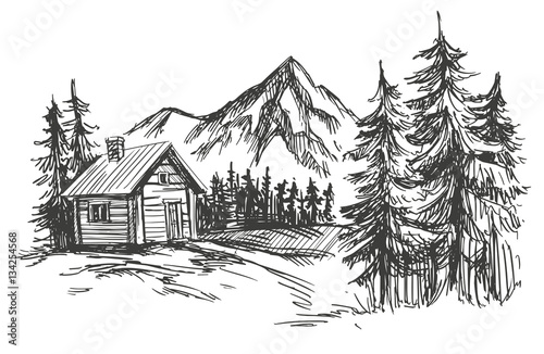 house in mountain landscape hand drawn vector illustration sketch - Buy ...