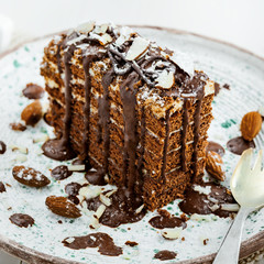 Wall Mural - Slice of delicious chocolate Spartak cake on a rustic plate. First class dessert on a white wooden table. Close-up shot.