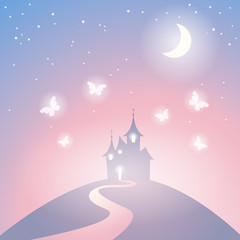  Vector fantasy castle silhouette on the hill. Fairy tale fantasy castle. Illustration of mysterious night landscape.