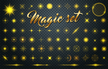 Wall Mural - large set of realistic gold stars bursts with sparkles on transparent background. vector glowing lig