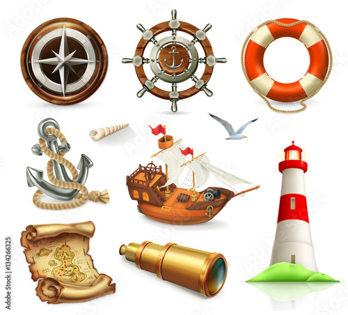 Marine set. Summer vacation 3d vector icons
