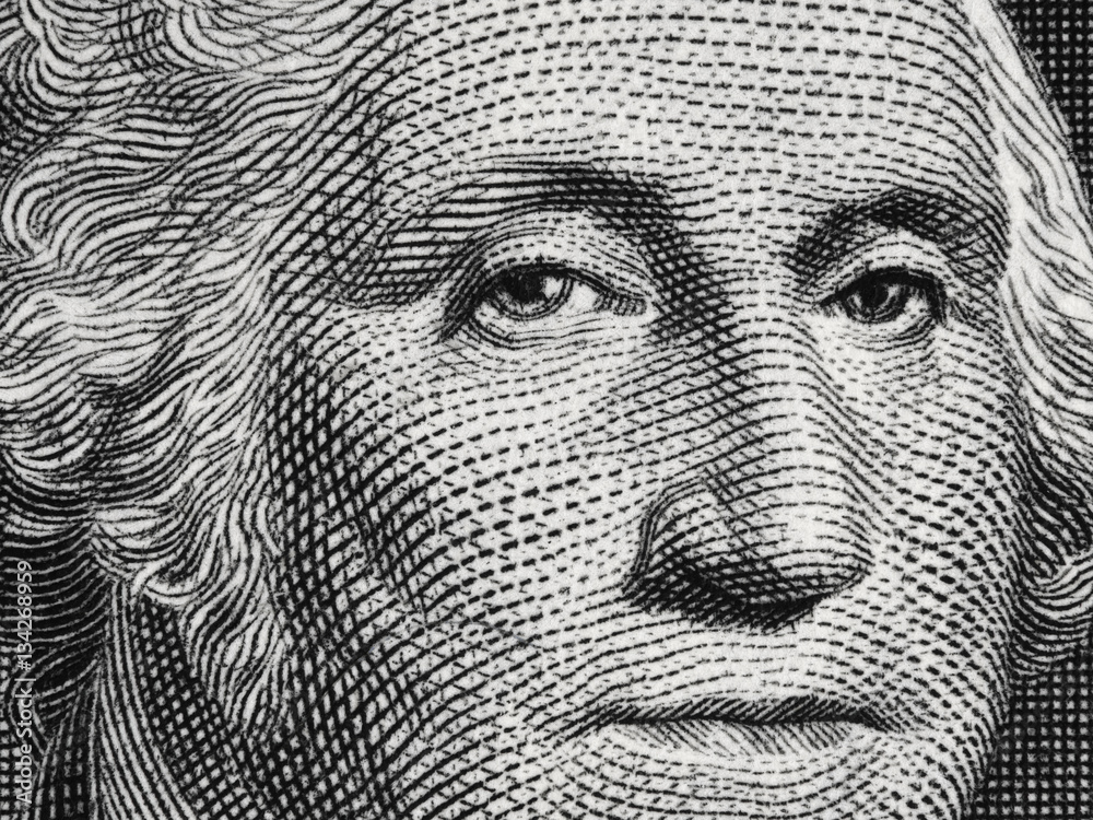 US president George Washington face portrait on the USA one dollar bill ...