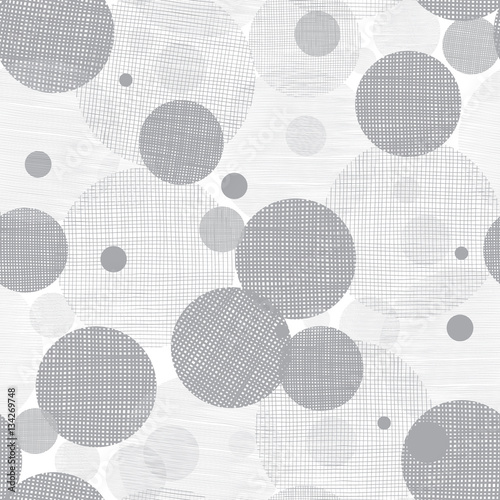 Vector Silver Grey Circles Dots Seamless Pattern Background With Fabric Texture. Perfect for neutral nursery, birthday, handmade themed designs.