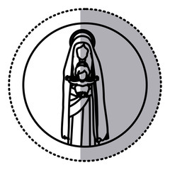 Wall Mural - circular sticker with silhouette saint virgin mary with baby jesus vector illustration