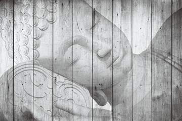 Wall Mural - buddha face with color paint in wood background, peace vintage art decorate Thai style.