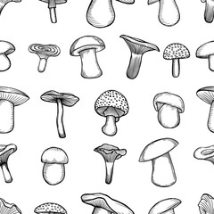 Seamless pattern with mushrooms.