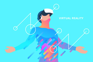 Wall Mural - enthusiastic man in virtual reality. vector illustration