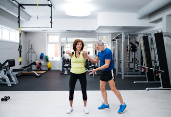 Wall Mural - Senior couple in gym working out with weights