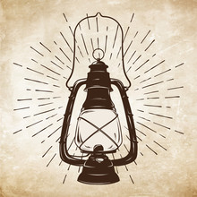 Hand-drawn Grunge Sketch Vintage Oil Lantern Or Kerosene Lamp With Rays Of Light. Vector Illustration. T-shirt Print Or Poster Design.
