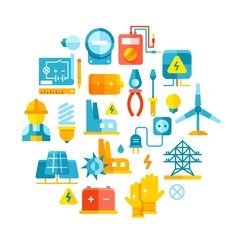 Sticker - Electric power, electrical lines, electricity vector concept with flat icons