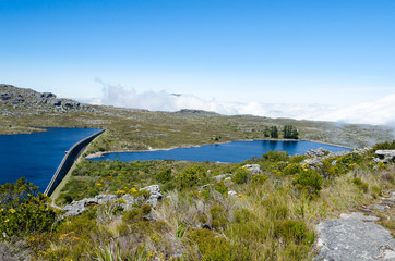 View over Hely-Hutchinson dam from a hiking trail on Table Mountain in Cape Town. It's a sunny summer day with blue sky and clouds on the horizon. The water of the lake and dam is deep blue