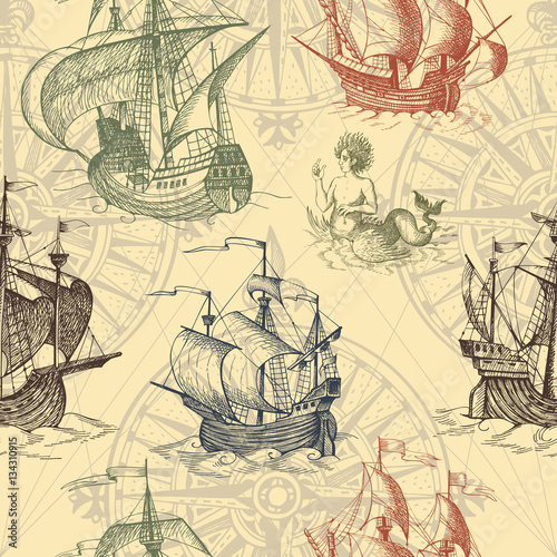 Nowoczesny obraz na płótnie Old caravel, vintage sailboat, sea monster. Vector seamless pattern