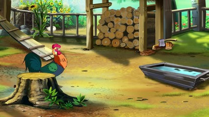 beautiful colorful cartoon rooster on the farm in a summer morning. handmade animation, motion graph