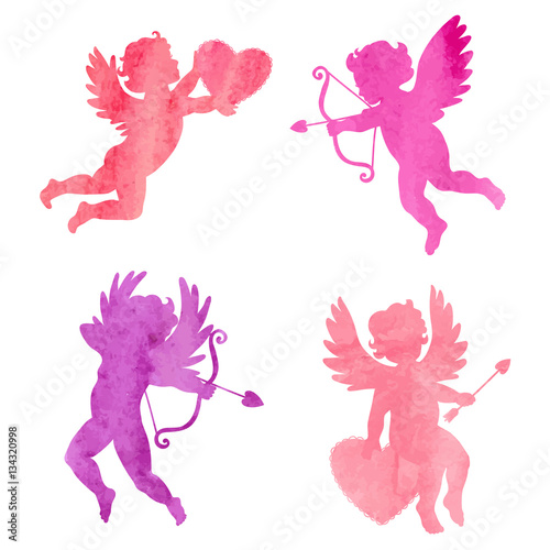 Cuadros en Lienzo Set of watercolor Cupids isolated on white