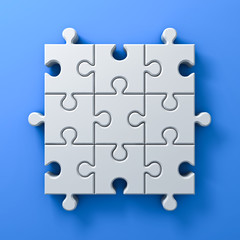 3d white jigsaw puzzle pieces concept on blue wall background with shadow 3D rendering