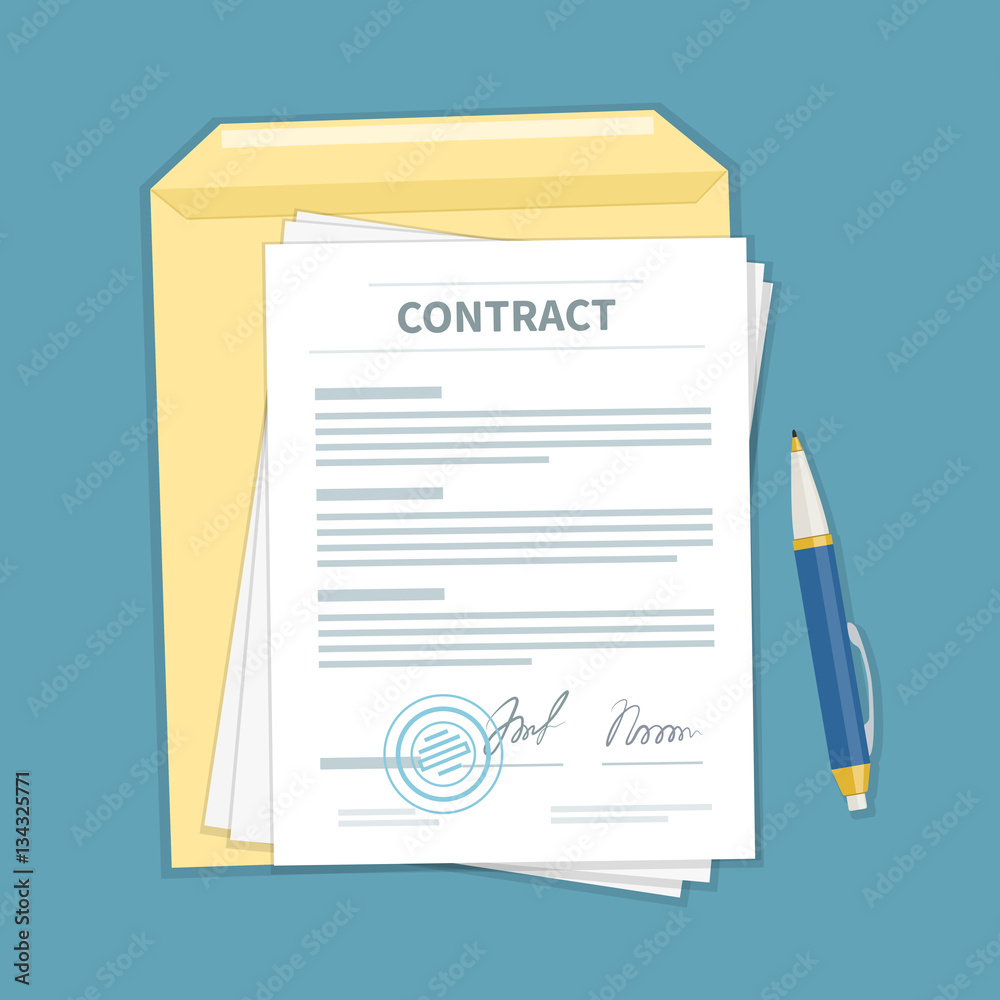 Signed a contract with stamp, envelope, pen. The form of document. Financial agreement concept. Top view. Vector illustration. - obrazy, fototapety, plakaty 