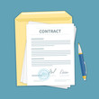 Signed a contract with stamp, envelope, pen. The form of document. Financial agreement concept. Top view. Vector illustration.
