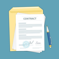 signed a contract with stamp, envelope, pen. the form of document. financial agreement concept. top 