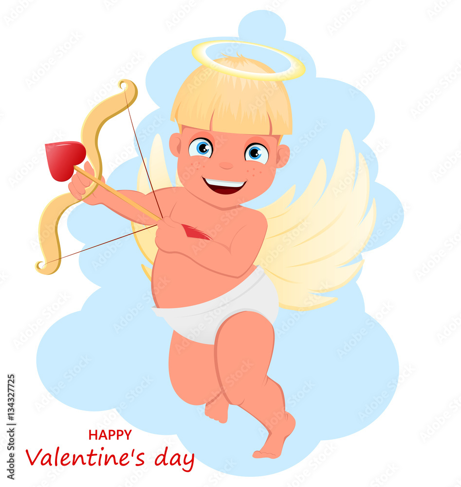 Cupid baby holding a bow with heart-shaped arrow. Happy Valentines day ...