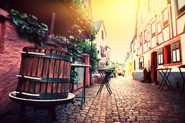 Wall Mural - Narrow cobblestone street in old town. Cityscape Alsace, France