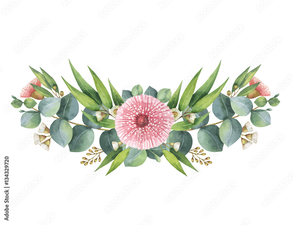 Watercolor vector wreath with green eucalyptus leaves and branches ...