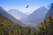 Himalaya Mountains landscape. Annapurna Himal on Annapurna Circuit Trek, Upper Pisang and Lower Pisang Villages, river valley and Deamon Hill Pangri Danda (4666m) in Nepal, Asia