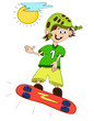 Vector cartoon boy riding a skateboard with a sun in the background.