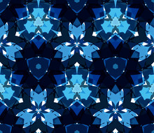 Blue Kaleidoscope Seamless Pattern. Composed Of Abstract Shapes Located On A White Background. Useful As Design Element For Texture, Pattern And Artistic Compositions.