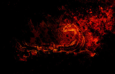 Poster - dragon sculpture on abstract background, drawing with fire effect structure.