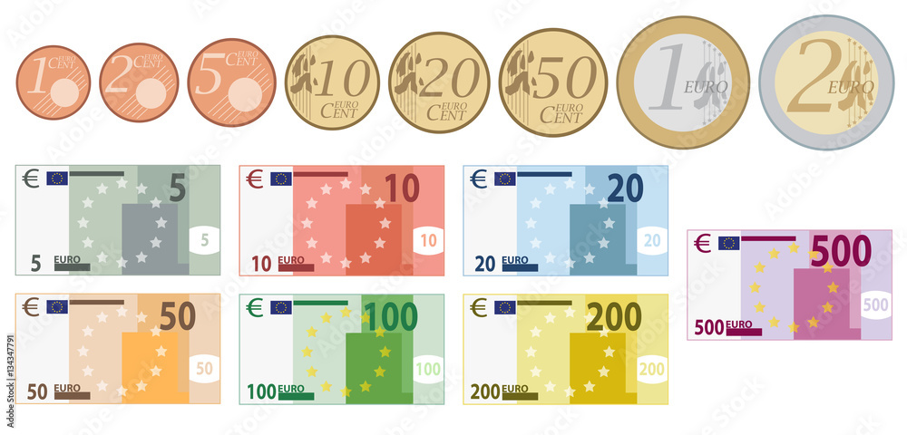 Euro Währung komplettes Set von Münzen und Scheine - obrazy, fototapety, plakaty 