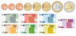 Euro Währung komplettes Set von Münzen und Scheine