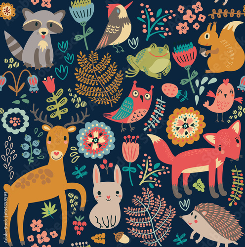 Obraz na płótnie Seamless pattern, animals in the forest