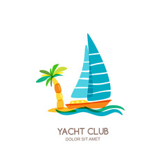 Vector yacht club logo design template. Sailing boat and palm on seaside. Summer vacation isolated hand drawn illustration. Concept for travel agency, boat rent, cruise, tropical and beach resort.