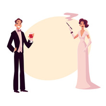 Man And Woman In 1920s Style Clothes At A Vintage Party, Cartoon Style Vector Illustration On Background With Place For Text. Man In Black Smoking And Woman In Pink Vintage Dress And Mantel